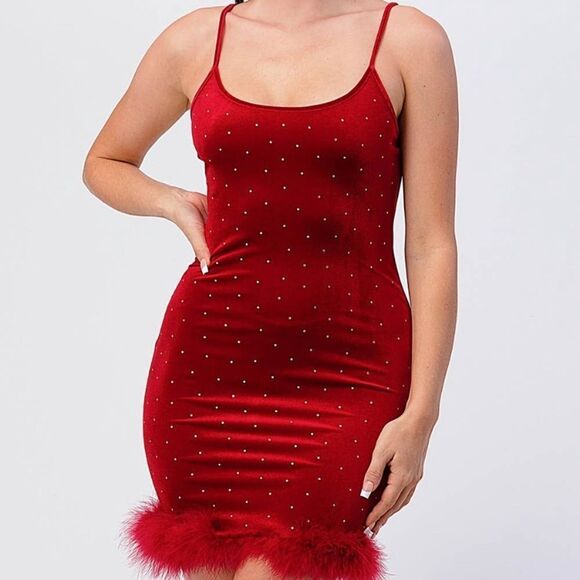 Red Velvet Rhinestone Mini Dress - Picture 1 of 7